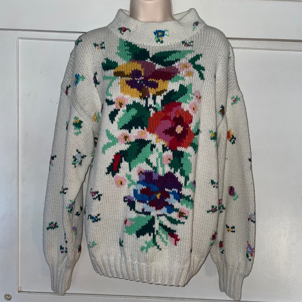 Smith-Forester Vintage Floral Intarsia Mock Neck Knit Sweater Cream Womens M